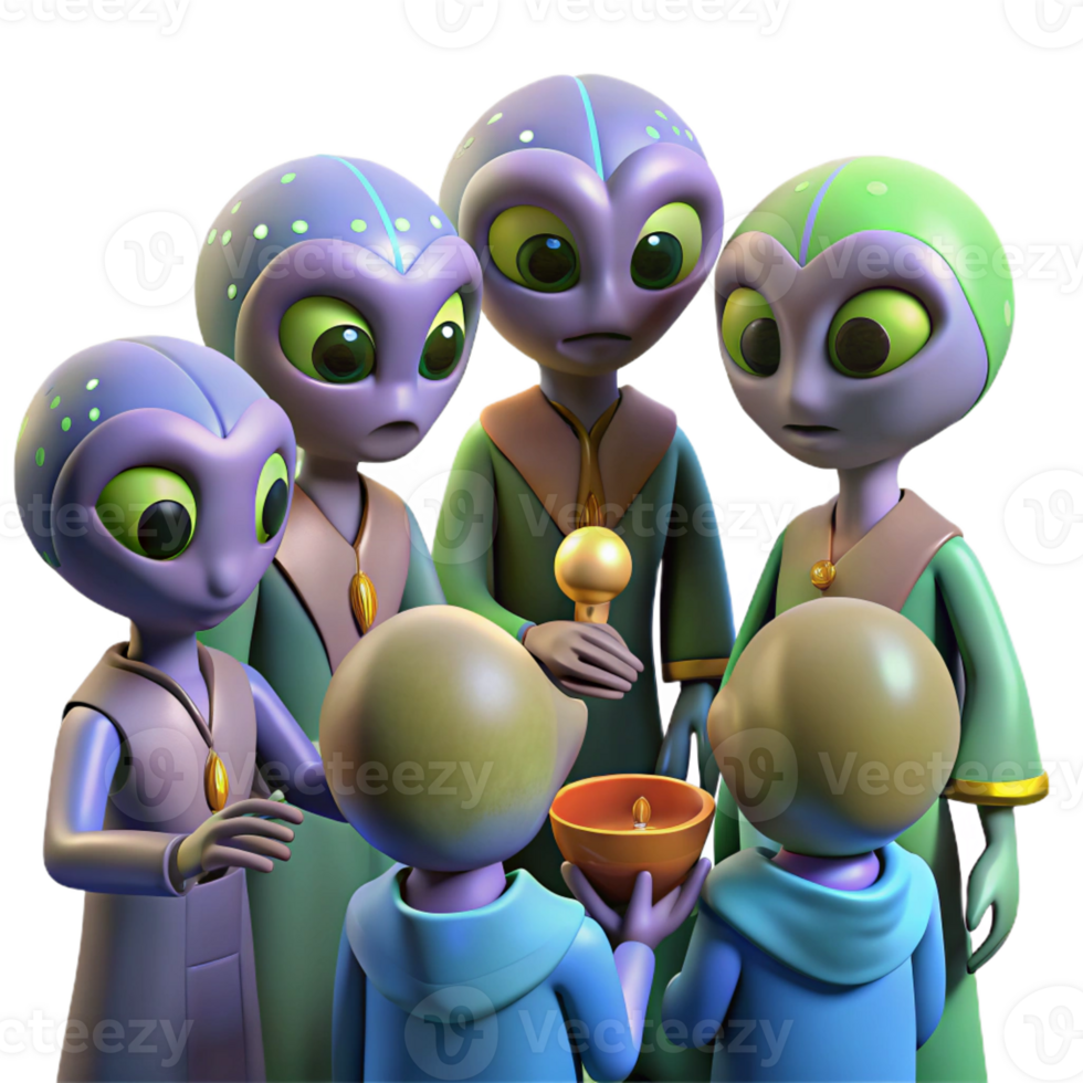 vibrant minimalist A group of aliens, with diverse and unusual features, gather for a ceremony, ambient lighting, anthropological style professional png