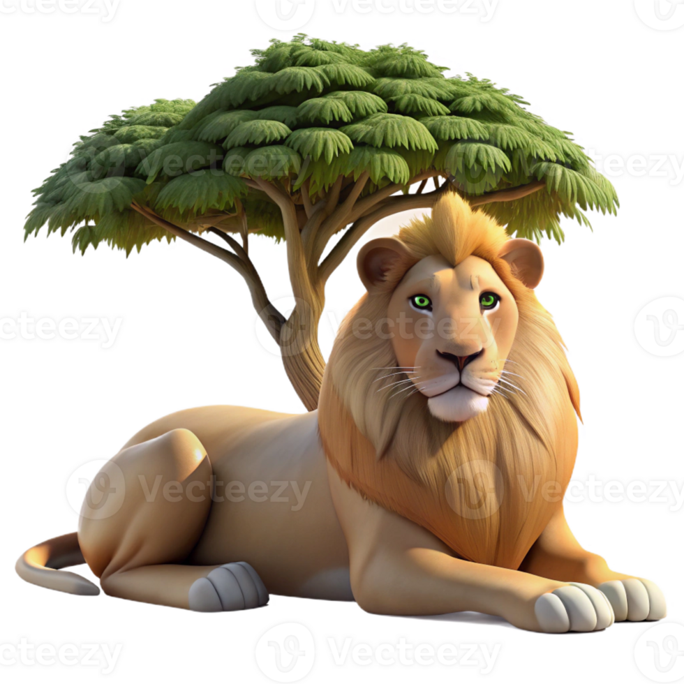 vibrant abstract A regal lion resting in the shade of an acacia tree, dappled sunlight filtering through the leaves, in a classic wildlife painting style authentic png
