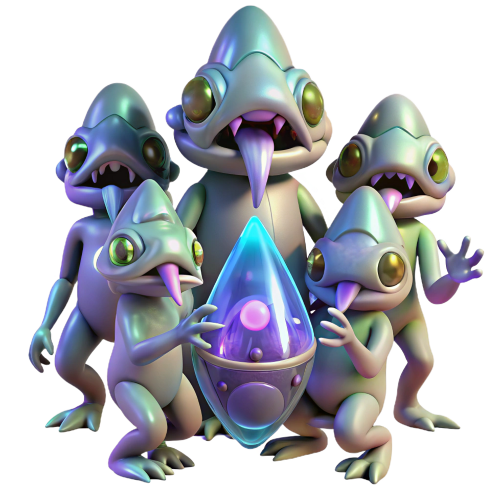 extraordinary minimalist A group of alien creatures, with iridescent scales and glowing eyes, gather around a strange artifact, ambient lighting, fantasy style original png