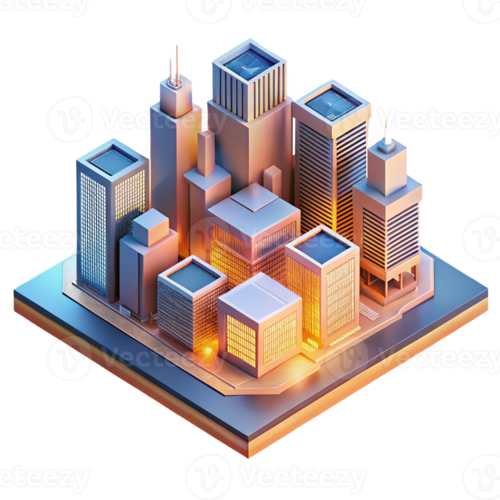 beautiful contemporary Futuristic cityscape built from interconnected circuit boards, bathed in the warm glow of a setting sun, isometric illustration style 4K png