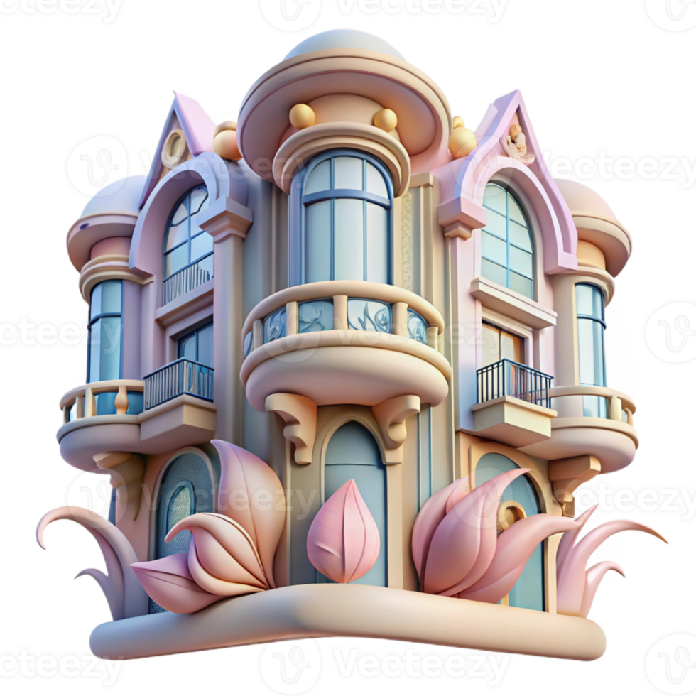 magnificent creative Art Nouveau apartment building, flowing lines and floral motifs, pastel colors, elegant and ornate, art deco style, high quality png