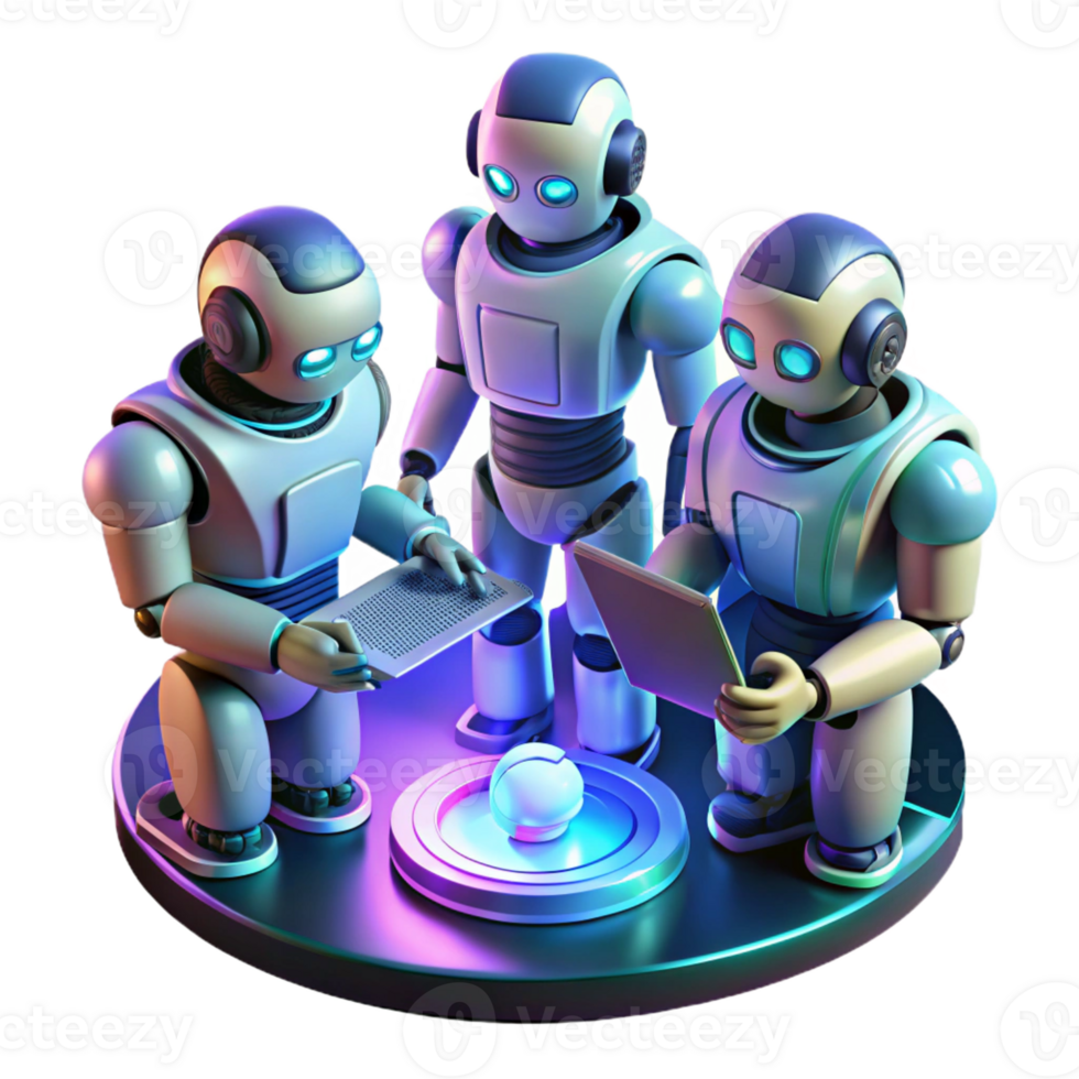 extraordinary modern A group of stylized humanoid robots collaborating on a complex engineering project, illuminated by dynamic, shifting neon light, futuristic industrial style high resolution png
