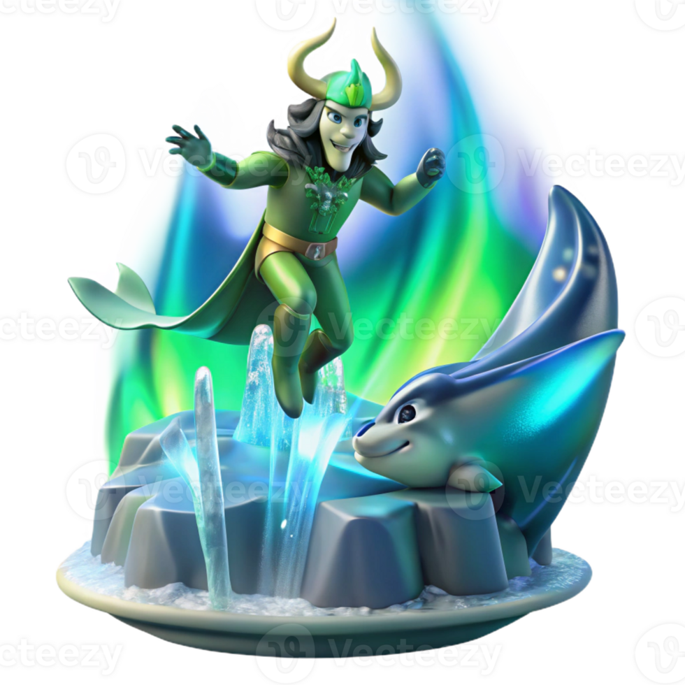 beautiful vintage A mischievous Norse Loki transforming into a salmon, leaping through a crystalline waterfall under the aurora borealis, Art Deco style authentic png