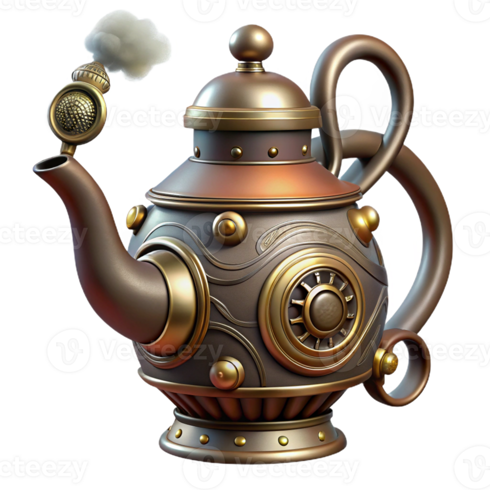 dramatic artistic Steampunk teapot with ornate spouts and intricate steam vents authentic png