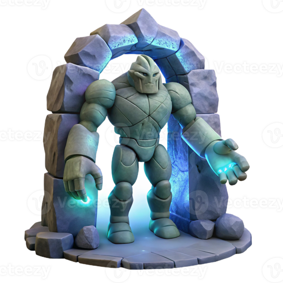 serene modern A stoic golem crafted from enchanted granite, standing guard over a hidden portal, illuminated by the pulsating light of the portal's energy professional png