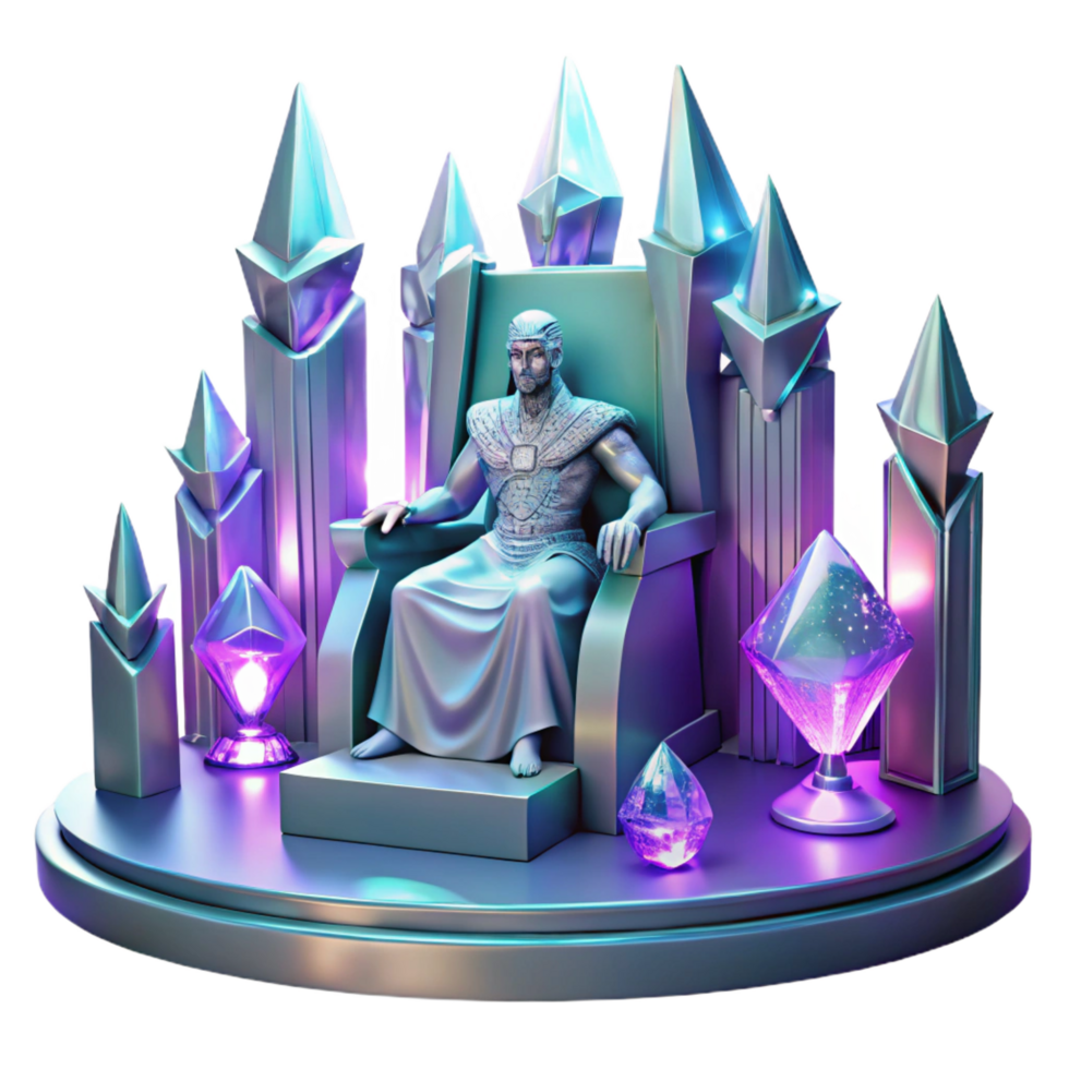 impressive creative A futuristic throne room, adorned with holographic banners and glowing crystals, a regal figure seated upon the throne. Grand, majestic lighting, space opera style premium png