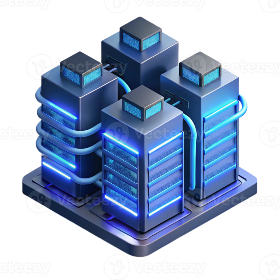 elegant contemporary A futuristic data center with rows of servers and glowing cables, illuminated by cool blue light, isometric style high resolution png