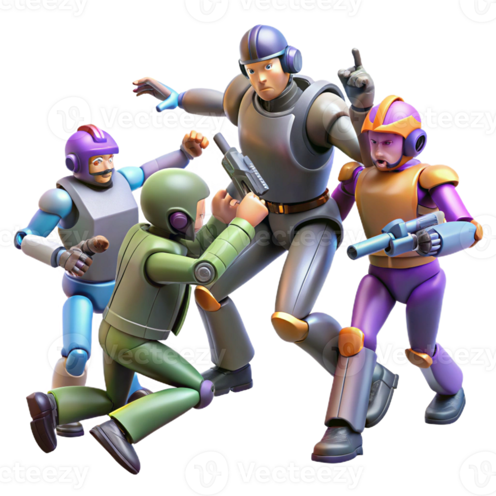 wonderful minimalist A group of rebels fighting against oppressive robots in a futuristic city, dynamic action scene, authentic png