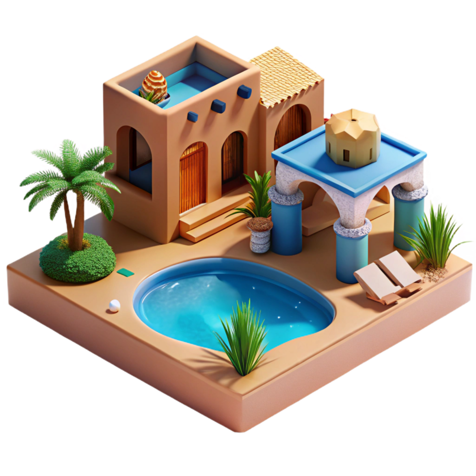 vibrant traditional Desert oasis resort, adobe architecture, cool blue pool, shimmering heat haze, luxurious and relaxing, travel photography style, 4K png