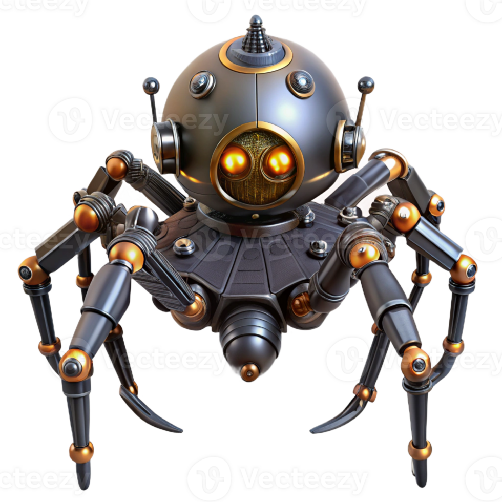 dramatic creative Steampunk robotic spider with intricate legs and glowing eyes exclusive png