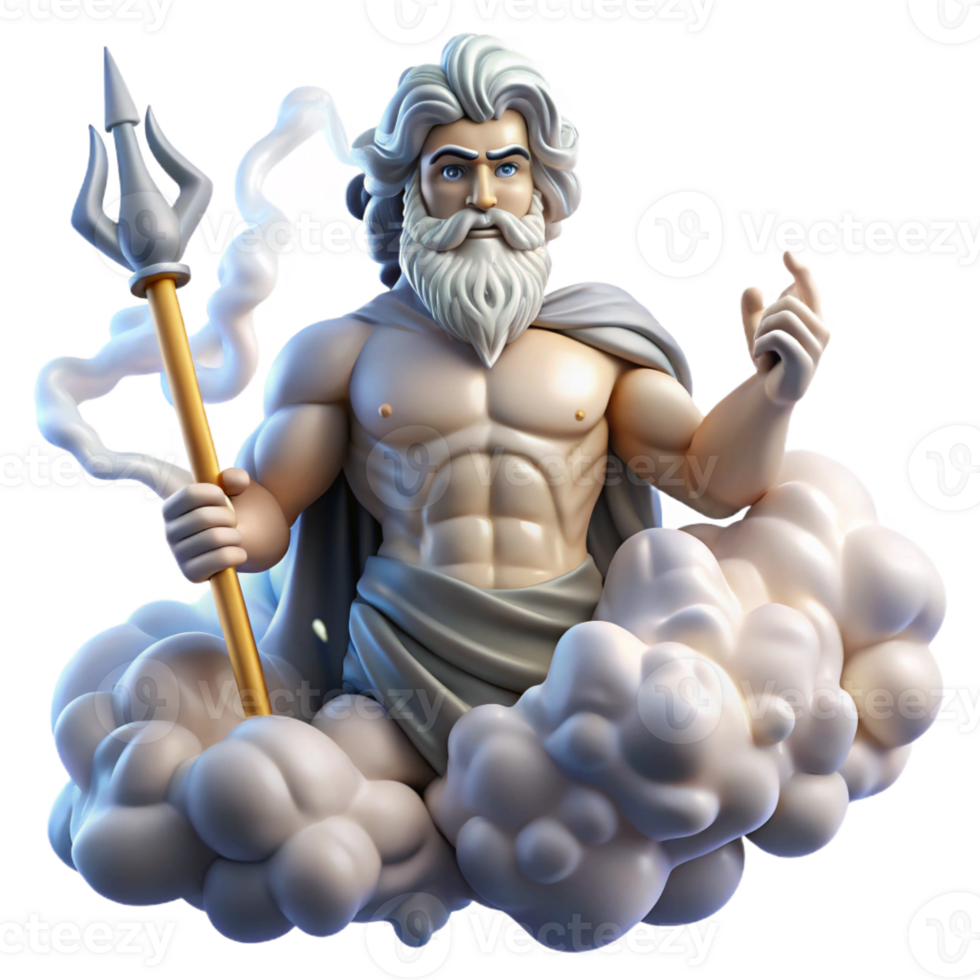 vibrant modern A powerful Greek Zeus, wielding a thunderbolt, commanding the heavens from Mount Olympus, surrounded by swirling clouds and lightning, classical Greek sculpture style authentic png