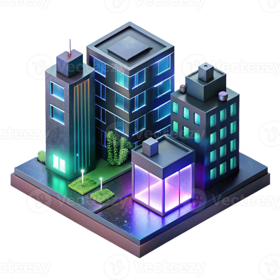 beautiful contemporary Cyberpunk apartment complex, neon signs, rain-slicked streets, gritty and dark, isometric view, premium png