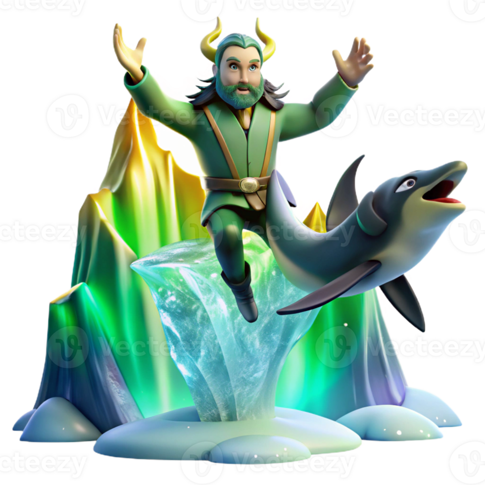 wonderful minimalist A mischievous Norse Loki transforming into a salmon, leaping through a crystalline waterfall under the aurora borealis, Art Deco style professional png