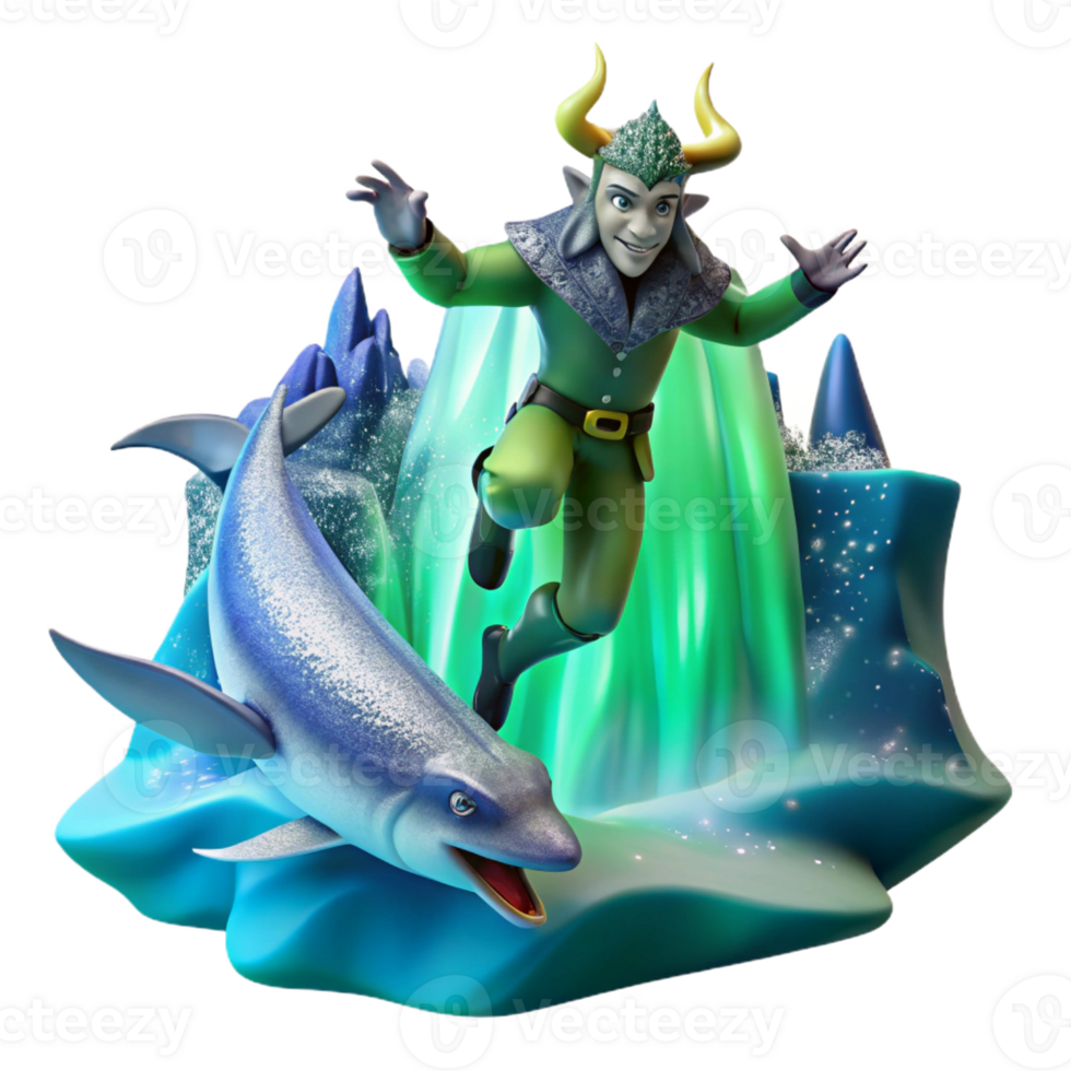 serene rustic A mischievous Norse Loki transforming into a salmon, leaping through a crystalline waterfall under the aurora borealis, Art Deco style original png