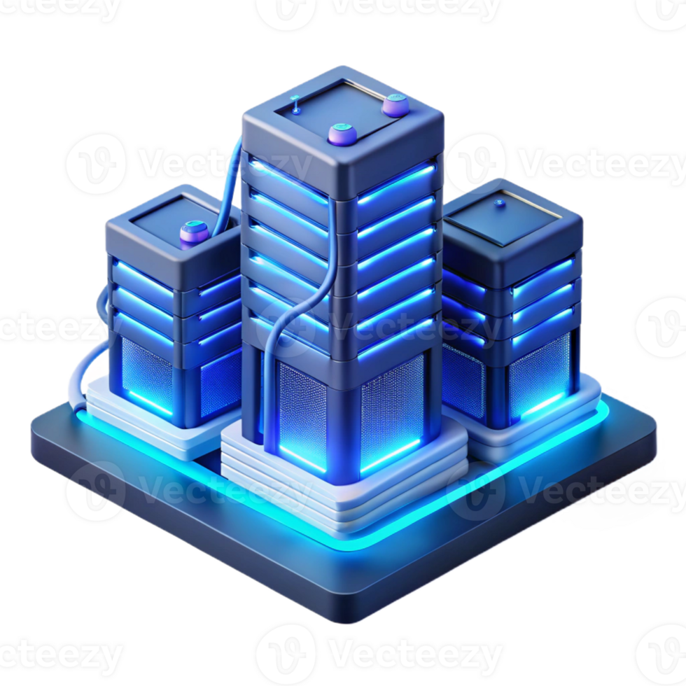 serene minimalist A futuristic data center with rows of servers and glowing cables, illuminated by cool blue light, isometric style high resolution png