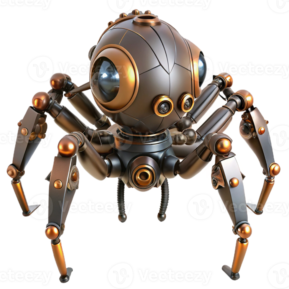 serene classic Steampunk robotic spider with intricate legs and glowing eyes detailed png
