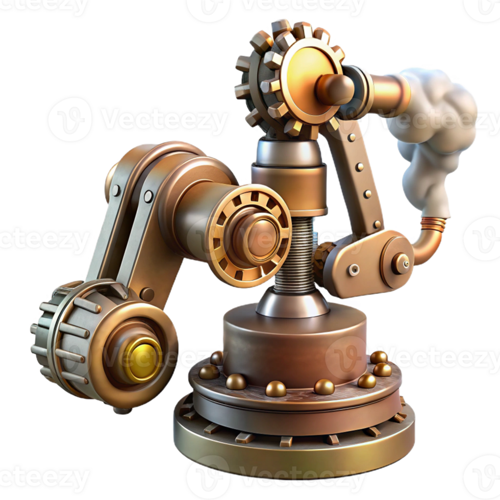 extraordinary contemporary Steampunk robotic arm with exposed gears and steam vents detailed png