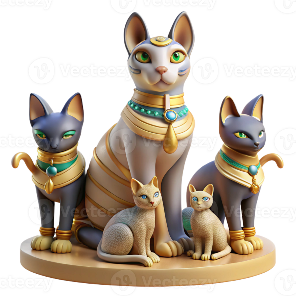 extraordinary classic A benevolent Egyptian Bastet, the cat goddess, basking in the warm sunlight, surrounded by playful kittens, ancient Egyptian papyrus painting style original png