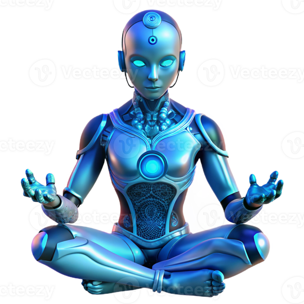 magnificent modern A cyborg with glowing blue skin and intricate tattoos meditates in a futuristic temple, soft lighting, spiritual style authentic png