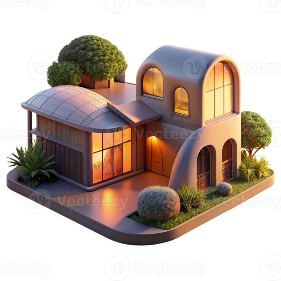 beautiful artistic Organic architecture, building seamlessly blending with nature, warm sunset light, peaceful and harmonious, matte painting style, original png