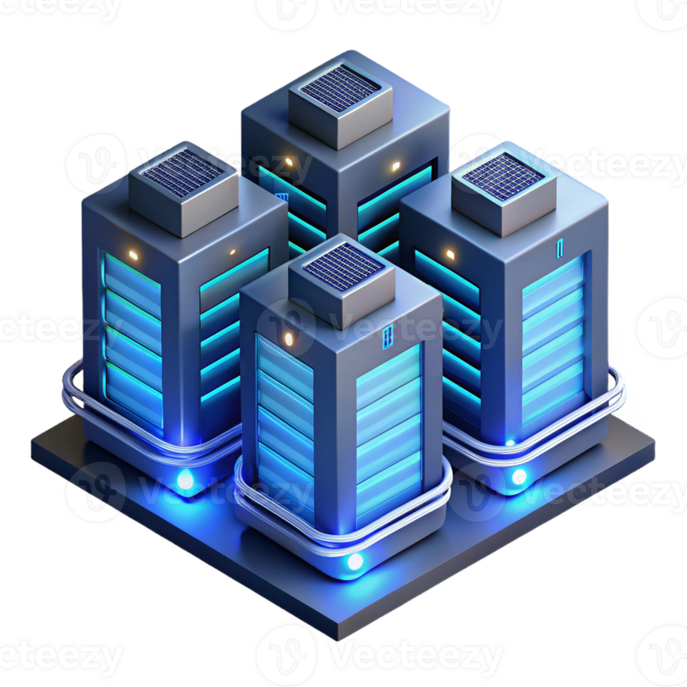 magnificent minimalist A futuristic data center with rows of servers and glowing cables, illuminated by cool blue light, isometric style high quality png