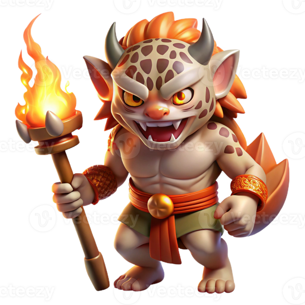 elegant rustic A mischievous Oni wearing a tiger skin loincloth, wielding a giant kanabo club, dramatic firelight, Japanese folklore style genuine png
