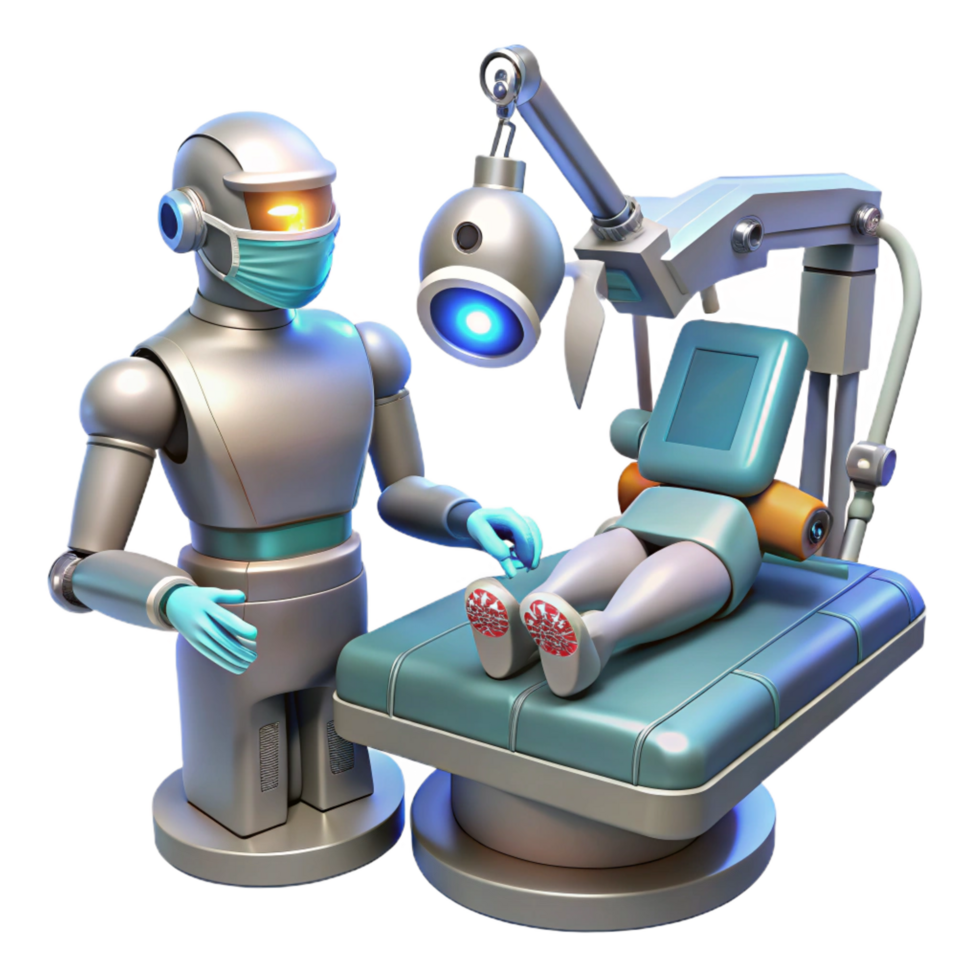extraordinary modern A robotic surgeon, with intricate mechanical arms and glowing optical sensors, performing surgery on a cyborg. Sterile, clinical lighting, biomechanical style genuine png