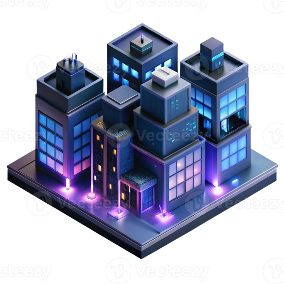 beautiful artistic Cyberpunk apartment complex, neon signs, rain-slicked streets, gritty and dark, isometric view, premium png