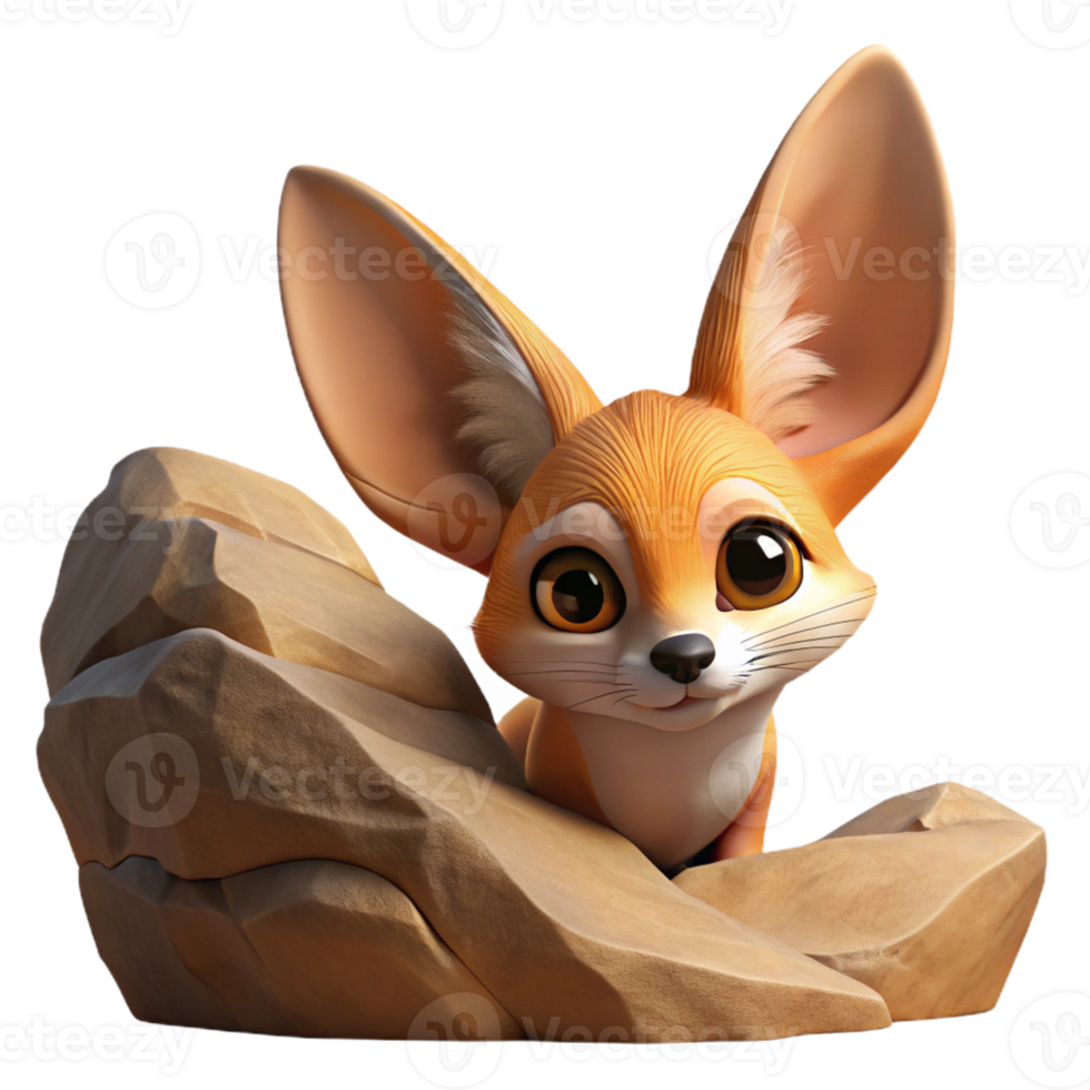 elegant abstract A curious Fennec fox peering out from behind a desert rock, bathed in the warm glow of midday sun, drawn in a whimsical, storybook style detailed png