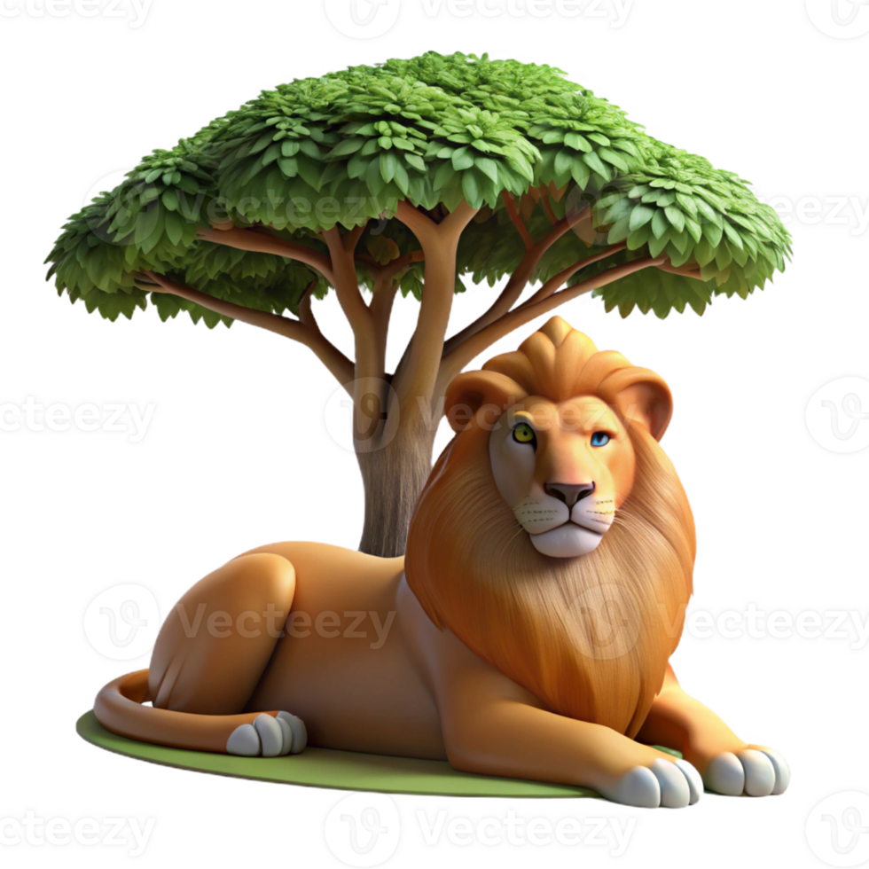 stunning artistic A regal lion resting in the shade of an acacia tree, dappled sunlight filtering through the leaves, in a classic wildlife painting style exclusive png