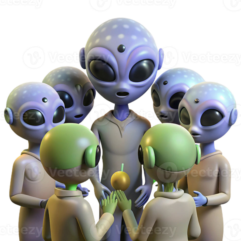 magnificent vintage A group of aliens, with diverse and unusual features, gather for a ceremony, ambient lighting, anthropological style original png