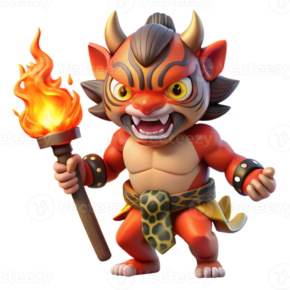 vibrant artistic A mischievous Oni wearing a tiger skin loincloth, wielding a giant kanabo club, dramatic firelight, Japanese folklore style 4K png