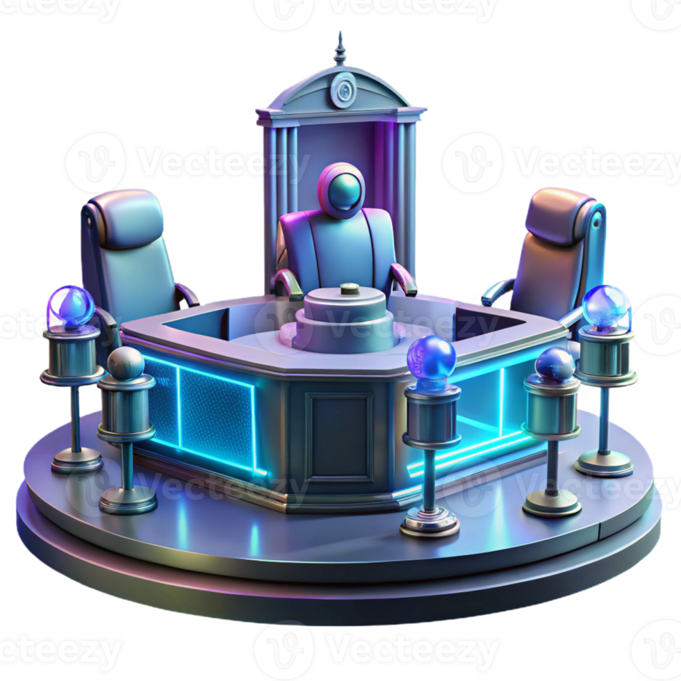 dramatic artistic A futuristic courtroom with holographic displays and robotic judges, sterile, formal lighting, original png