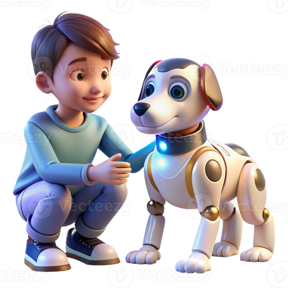impressive classic A robotic dog interacting with a child, illuminated by warm, natural light, heartwarming style original png