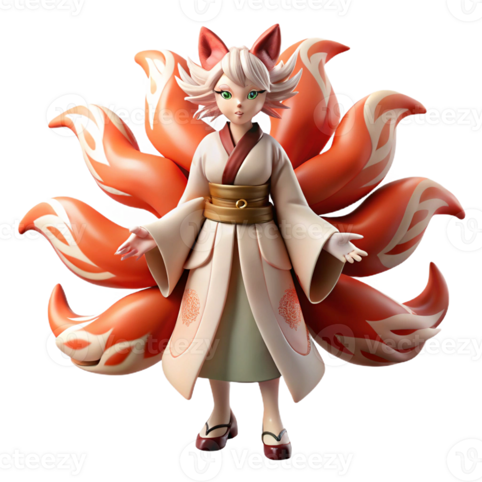 wonderful classic A cunning Kitsune with nine tails, transforming into a beautiful woman, moonlit forest lighting, Japanese ukiyo-e style professional png