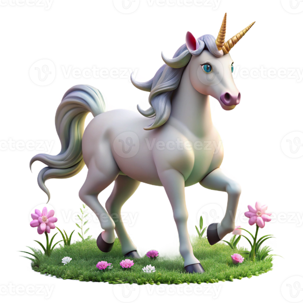beautiful modern A majestic unicorn with a silver horn, prancing in a field of wildflowers, soft pastel lighting, fairytale illustration style high quality png