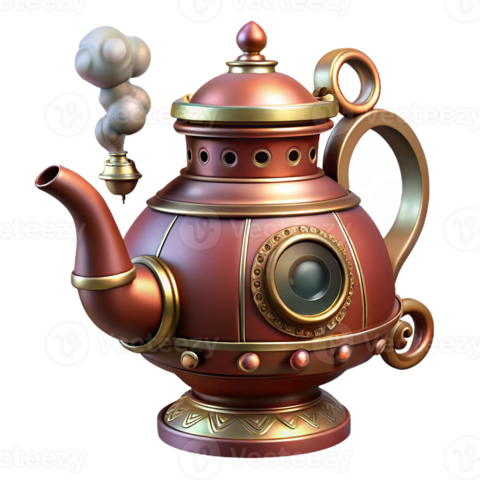 elegant artistic Steampunk teapot with ornate spouts and intricate steam vents high resolution png