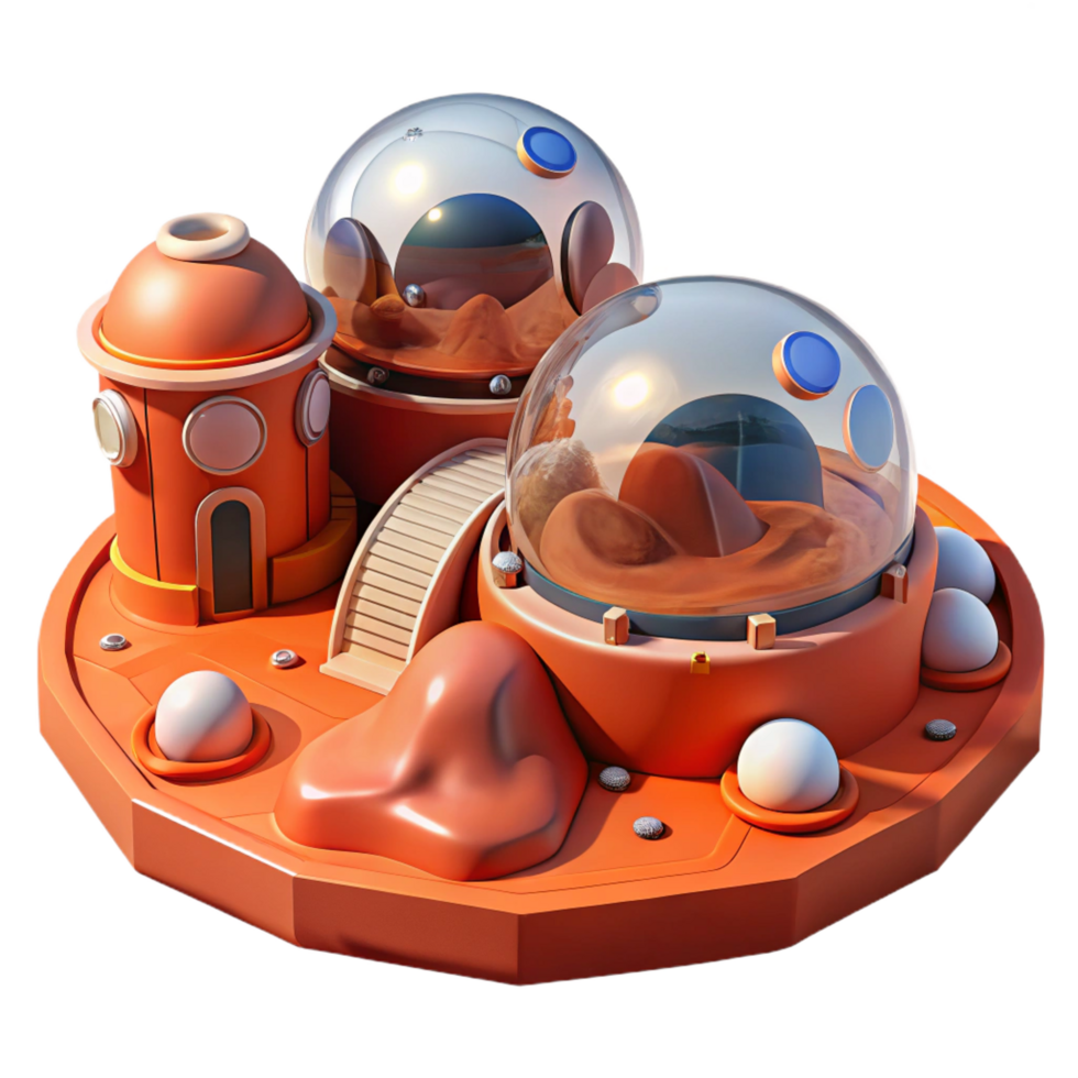 elegant rustic Martian colony with inflatable habitats, red planet landscape, harsh sunlight, sci-fi style premium png