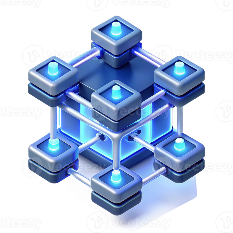wonderful classic A network of interconnected servers forming a complex, geometric structure, glowing with internal light, illuminated by soft blue light, isometric style exclusive png