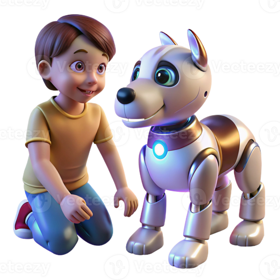 serene vintage A robotic dog interacting with a child, illuminated by warm, natural light, heartwarming style original png