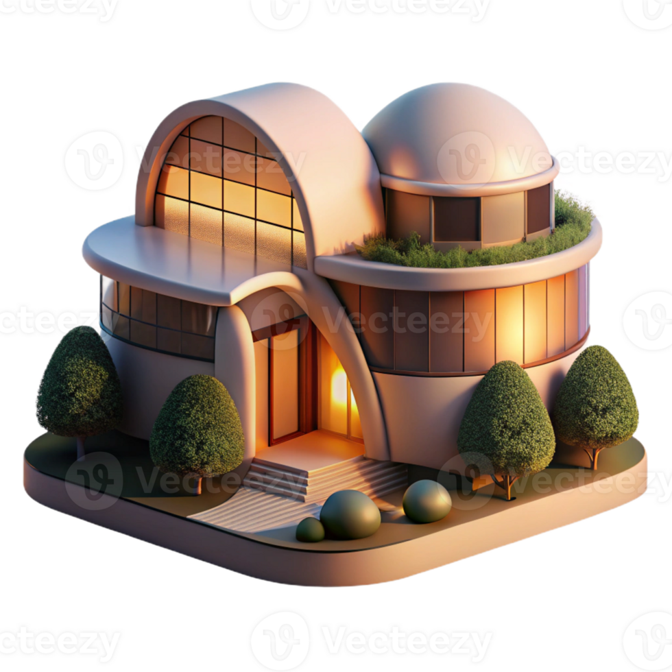 beautiful artistic Organic architecture, building seamlessly blending with nature, warm sunset light, peaceful and harmonious, matte painting style, authentic png