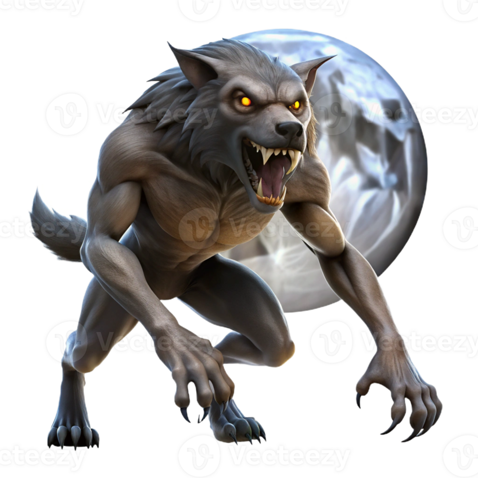 magnificent traditional A ferocious werewolf transforming under a full moon, dramatic silhouette lighting, horror style exclusive png