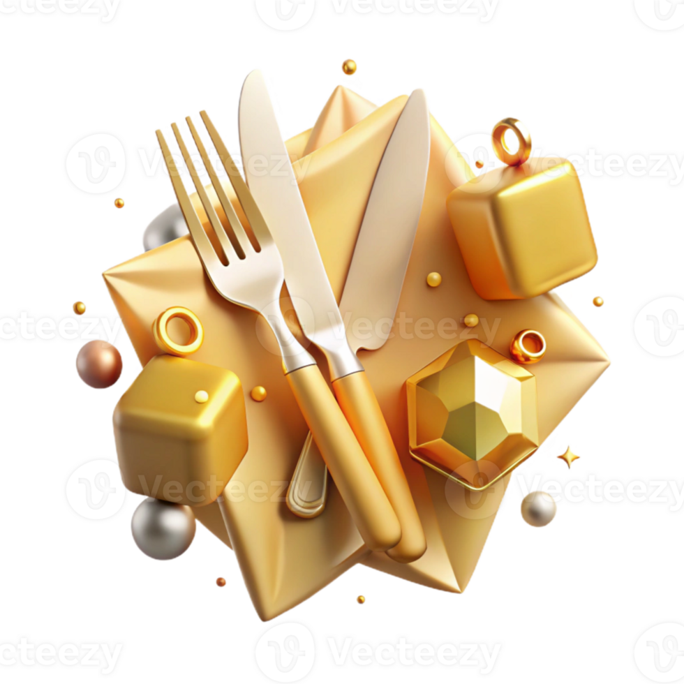 beautiful minimalist Gold Fork and Knife Cutlery Transparent Background for Menu Design png