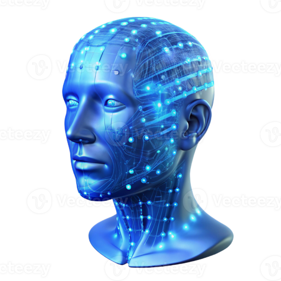 dramatic artistic A transparent human head filled with swirling binary code, illuminated from within by a cool, electric blue light, abstract art style genuine png