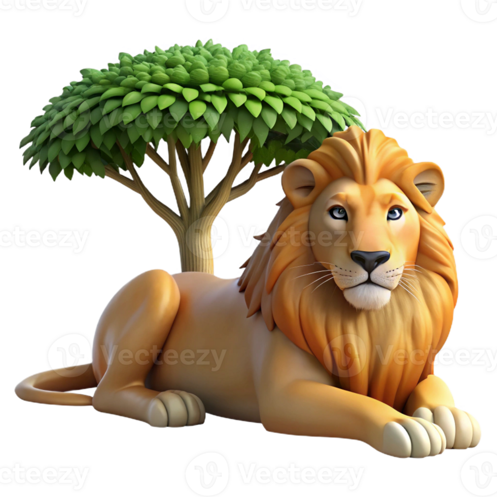 impressive traditional A regal lion resting in the shade of an acacia tree, dappled sunlight filtering through the leaves, in a classic wildlife painting style high quality png
