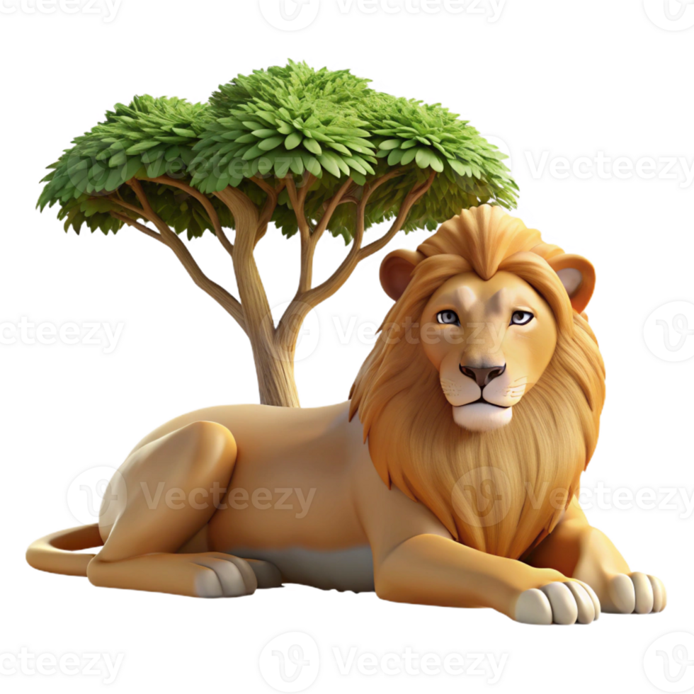 wonderful contemporary A regal lion resting in the shade of an acacia tree, dappled sunlight filtering through the leaves, in a classic wildlife painting style authentic png