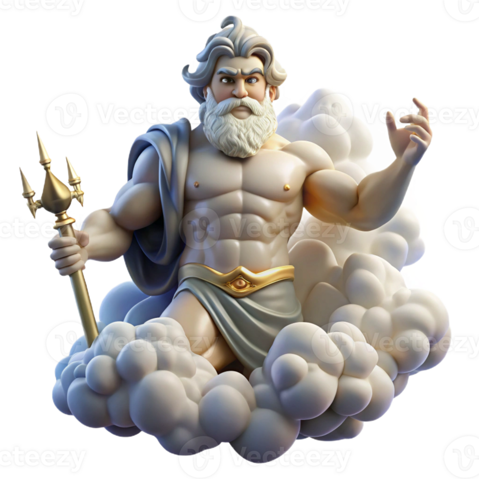 magnificent traditional A powerful Greek Zeus, wielding a thunderbolt, commanding the heavens from Mount Olympus, surrounded by swirling clouds and lightning, classical Greek sculpture style original png