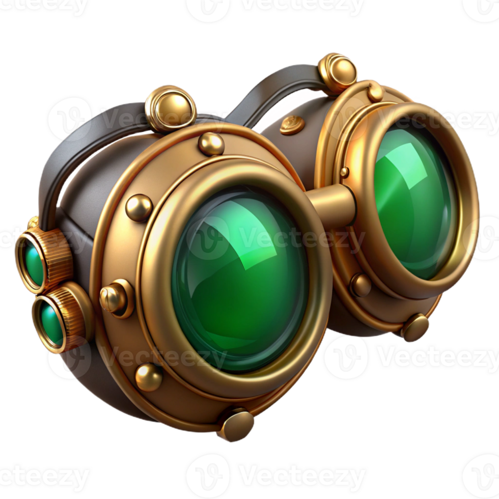 wonderful classic Steampunk goggles with emerald lenses and ornate brass detailing genuine png
