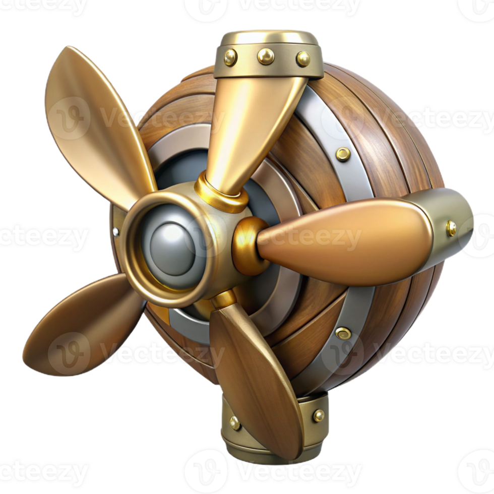 impressive rustic Steampunk airship propeller made of polished wood and brass high quality png