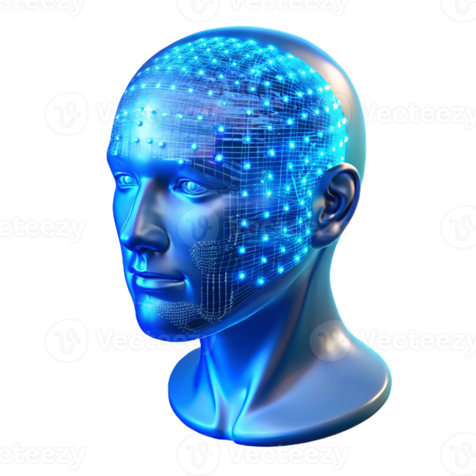 vibrant classic A transparent human head filled with swirling binary code, illuminated from within by a cool, electric blue light, abstract art style authentic png